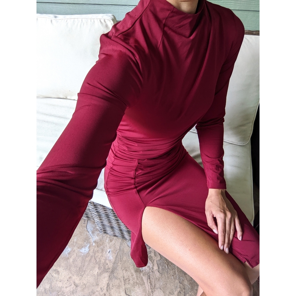 Burgundy ruched jersey, long sleeve midi dress